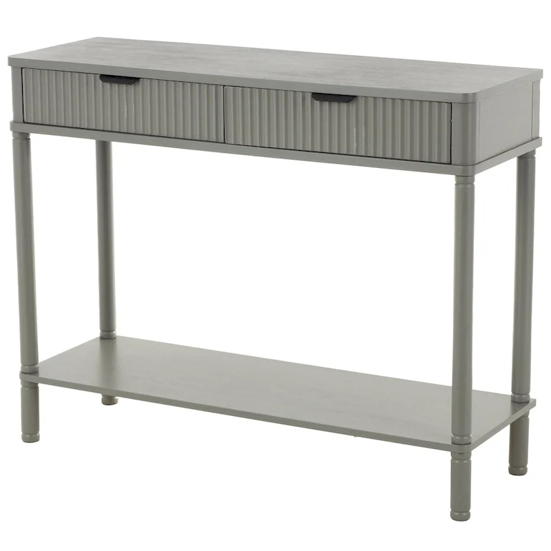 Handmade 2-Drawer Console Table – Grey, Ribbed Front, Black Handles, Fixed Shelf, Single