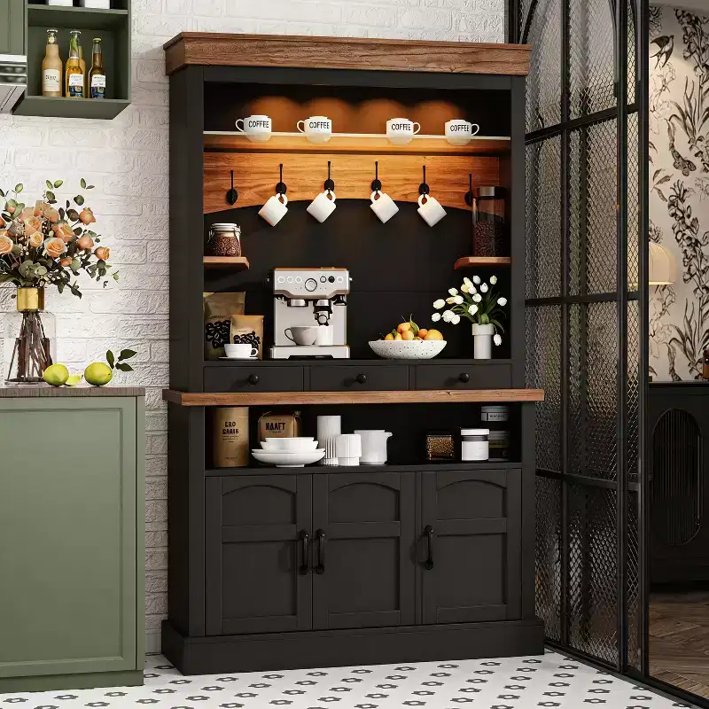 Farmhouse Coffee Bar Cabinet with LED Lights  72 Tall, Adjustable Shelves, Doors & Drawer, Glass Shelf, Ample Storage Sideboard Buffet