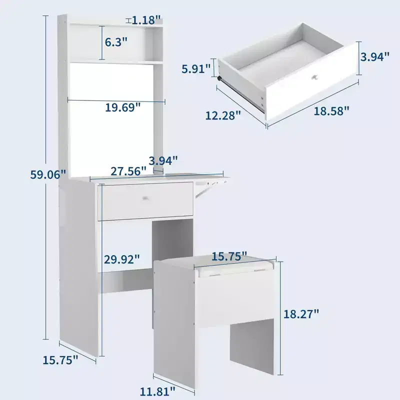 Small Vanity Desk with Mirror and Lights, Wooden Dressing Table with Fold-up Panel & Storage Stool, Makeup Vanity Set for Small Space, Bedroom