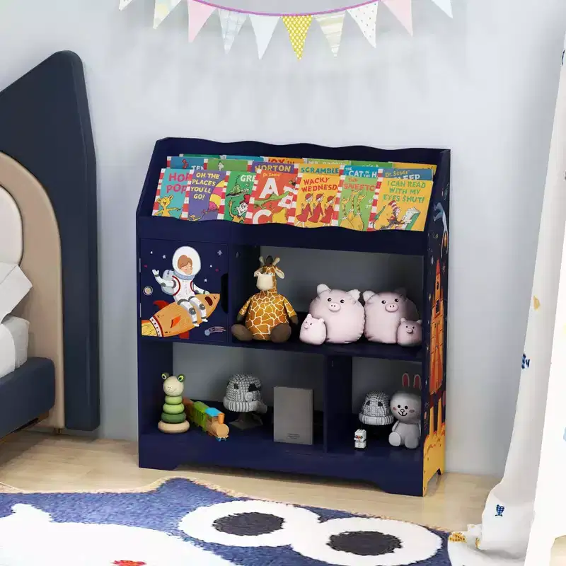 Toy Storage Organizer 3-In-1 Kids Toy Shelf with Book Shelf, Storage Cabinet White/Blue