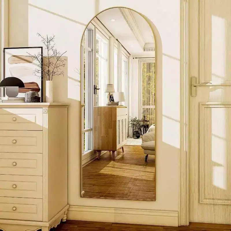 56 Inchx 21 Inch Full Length Mirror Arch Floor with Aluminum Alloy Frame Gold Standing Wall Mounted Leaning Large Bedroom