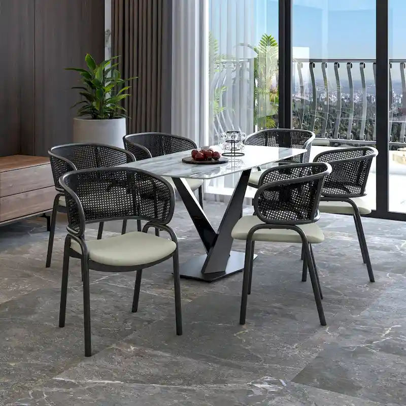 Grey / Beige / Navy Blue / Black Upholstered Dining Chair, Rattan Back with Iron Legs