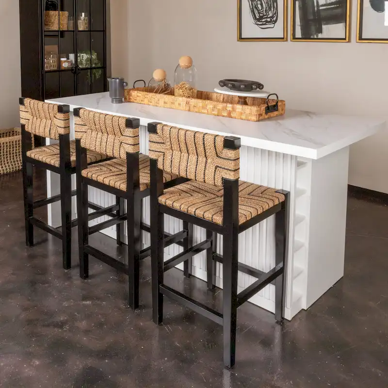 Solid Wood and Natural Woven Seagrass Rope Counter Stool
