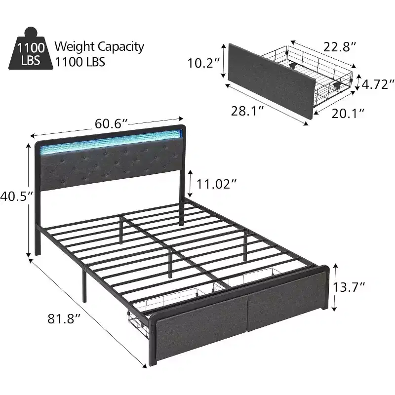 Full Size Metal Platform Bed Frame with LED Lights & 2 Storage Drawers, Noise-Free, No Box Spring Needed, Easy Assembly, Gray