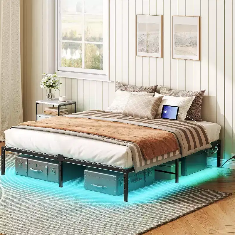 Black King Size Metal Platform Bed Frame with LED Lights & Charging Station, 2-Person