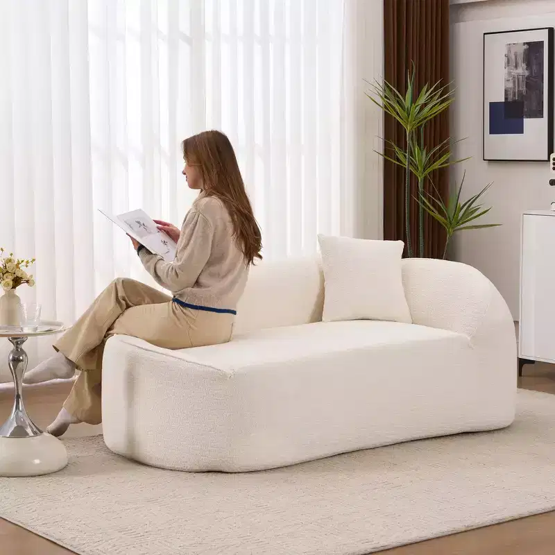 Compression Curved Chaise Longue, Modern Chenille Loveseat Couch with Deep Seat Sofa Bed, 1 Pillow - Milk White