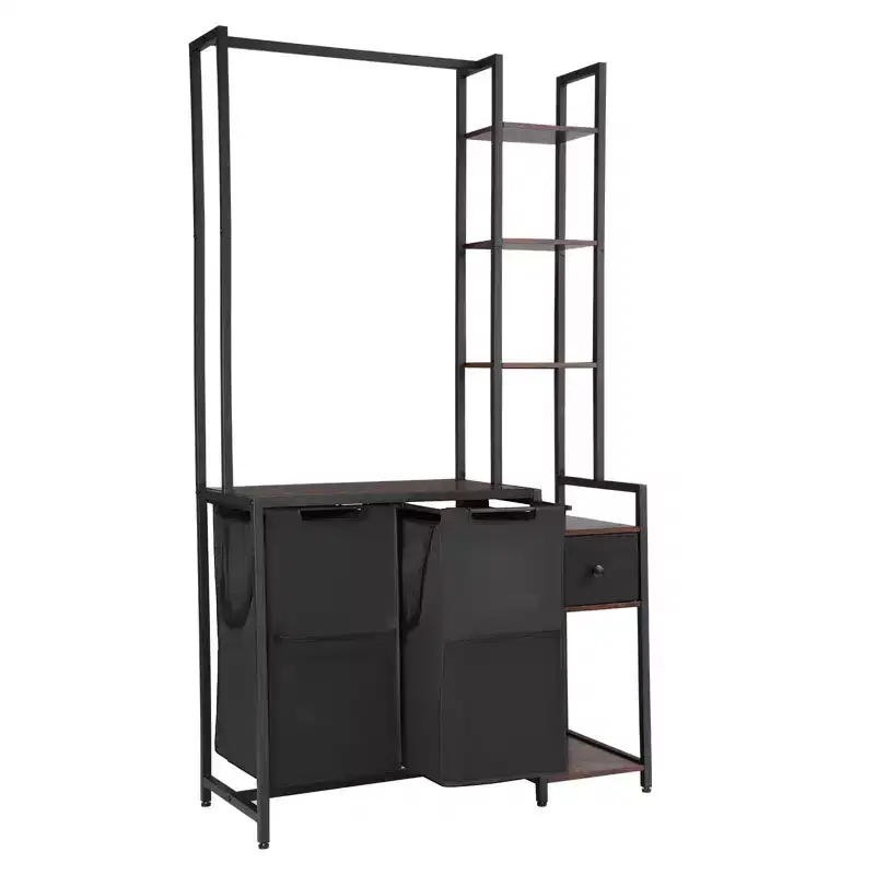 VEVOR 3 Tiers Laundry Sorter with Rack, Tall Laundry Hamper with Shelves and Drawers, 2 Section Freestanding Hanging Rack Storage, Black