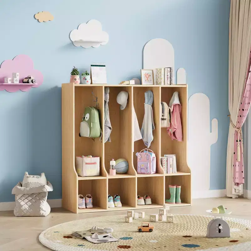 Brown/White | 4-Section Wooden Cubby Locker with 8 Hooks | For 8 Users