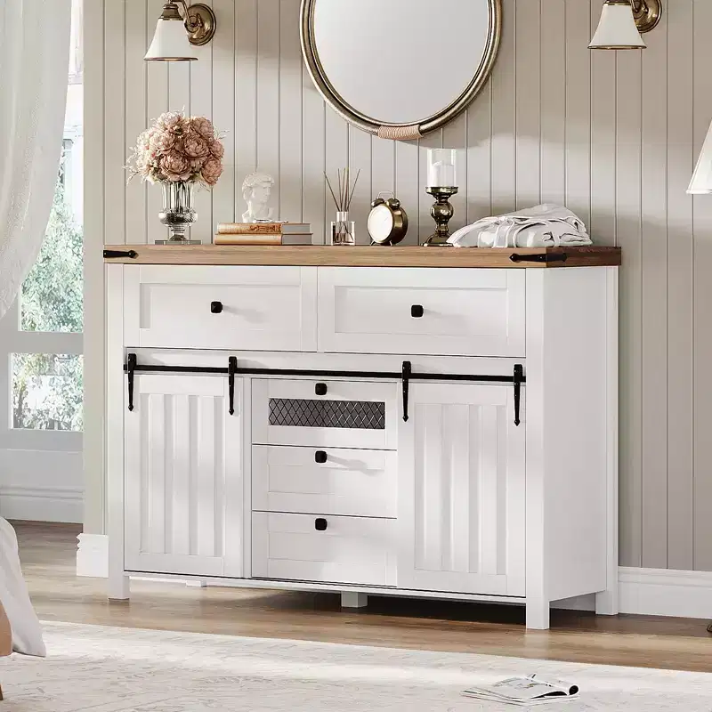 Farmhouse Buffet Cabinet, Sideboard Storage Cabinet with 5 Drawers and Sliding Barn Doors, Wood Coffee Bar Table with Adjustable Shelf