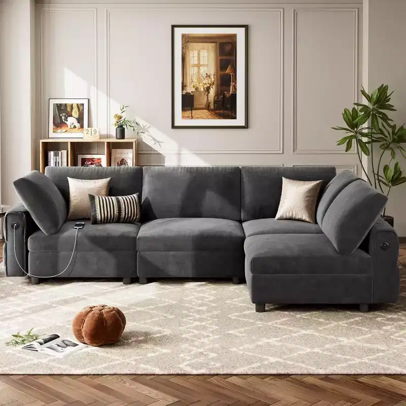 Sectional Couch, 105'' L Shaped 4 Seater Velvet Sofa with Charging Ports - Comfy Deep Seat Mid Century Modern for Living Room Apartment