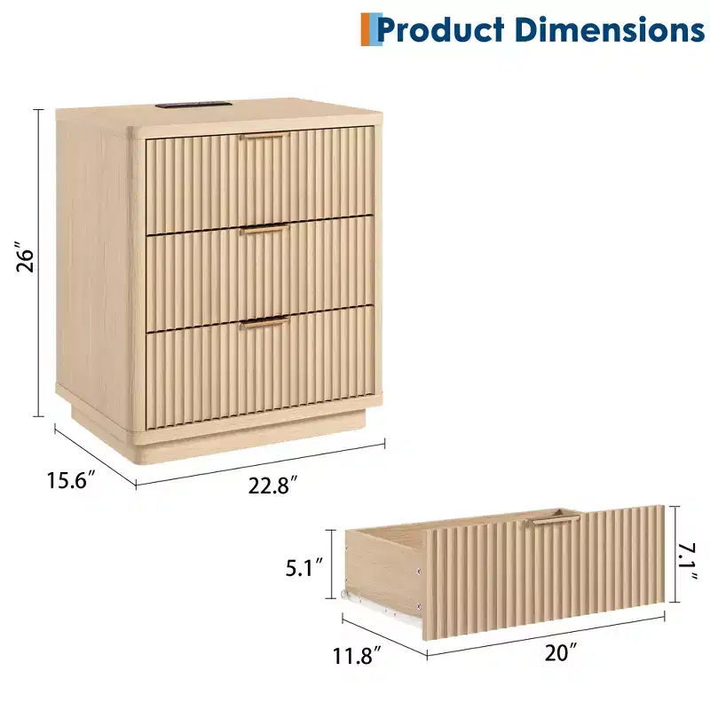 Nightstand with 3 Drawers, Fluted Bedside Table with Outlet, Light Wood Night Stand with Storage for Bedroom and Living Room, Space Saving