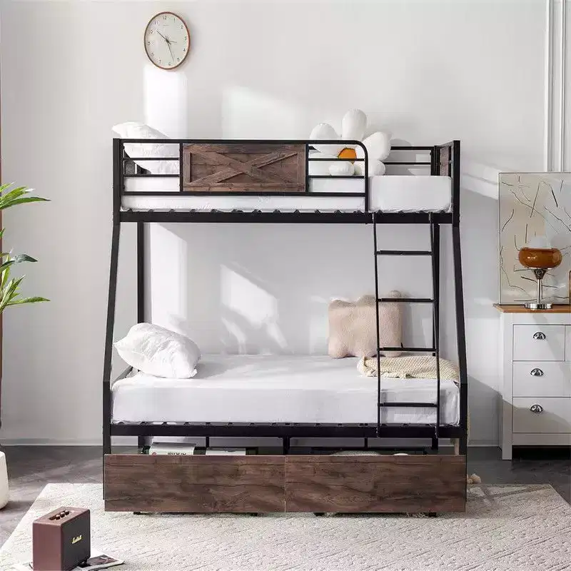 Bunk Bed Twin Over Full Size with 2 Storage Drawers, Heavy Duty Metal Slat Support, No Box Spring Needed
