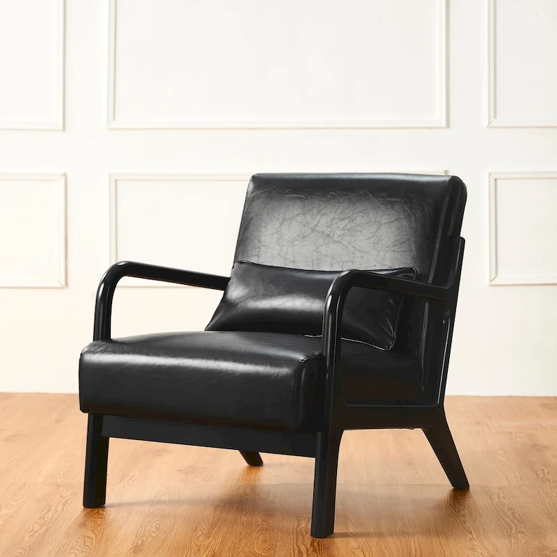 Glitzhome 30.75H Mid-Century Modern PU Leather Armchair Accent Chair with Pillow - 25.75W x 33.75D x 30.75H