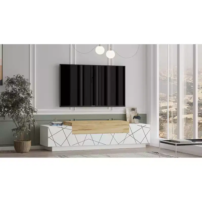 HomeStock Floyd TV Unit Stand White Felt - UV Print Entertainment Center Console 63 Inches with Storage Shelves & Doors