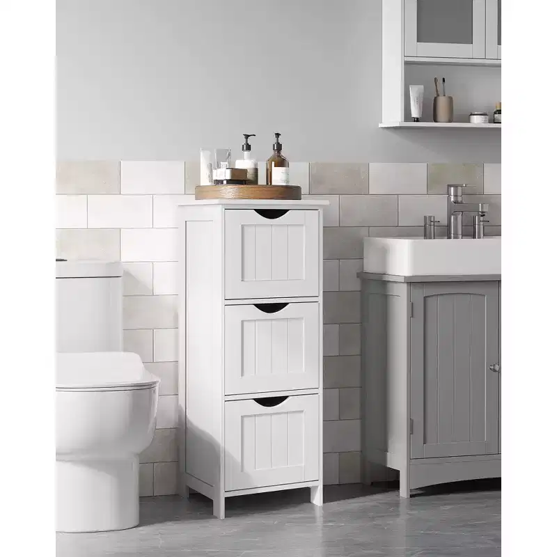 Floor Cabinet, Free-Standing Storage Cabinet with 3 Drawers, 11.8 x 12.6 x 31.9 Inches, Modern Style, Matte White