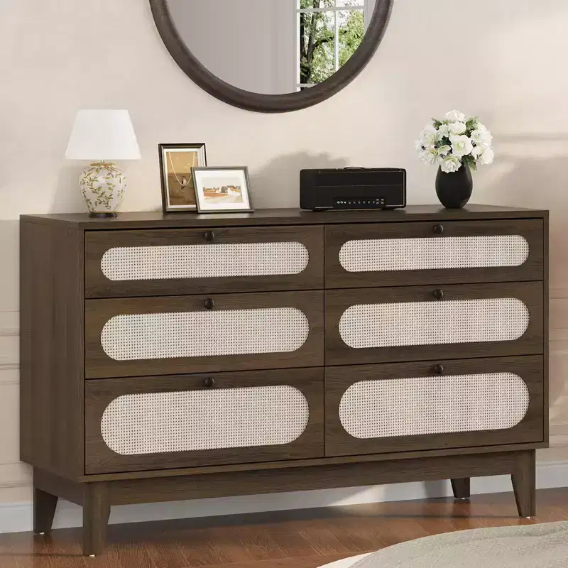 Dresser for Bedroom, 6 Rattan Drawer Dresser with USB Ports & Outlets, Natural Oak Storage Chest