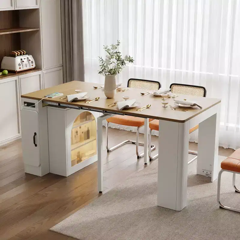 JVNOXK 59.00 inch Extendable Dining Table with 3 Removable Center Extensions, Mobile Storage Island with Power Outlet and Casters