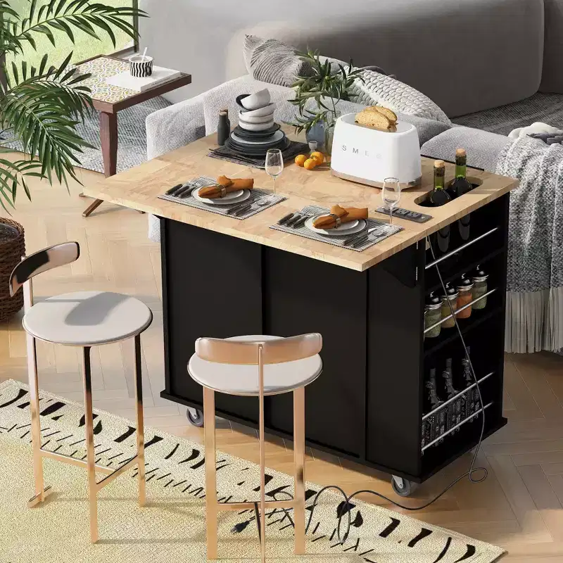 Movable Kitchen Island with Power Outlet, Drop Leaf and Rubber Wood Top