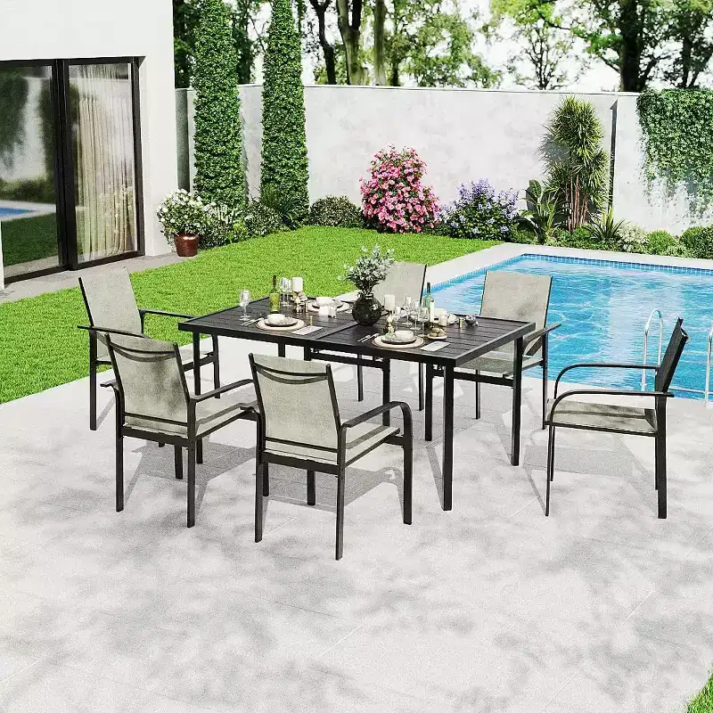 GustoWave 7-Piece Patio Dining Set, Rectangular Metal Table With 6 Breathable Textilene Chairs