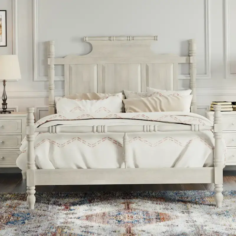 Vintage Country Style Wood Queen Size Four Poster Platform Bed with 56.9 High Crown-like Headboard, No Box Spring Needed