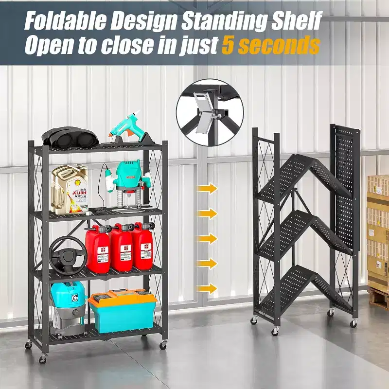 SUGIFT Foldable Storage Shelves with Wheels Heavy Duty Metal Rack 4 Tier or 5 Tier Rolling Organizer for Garage Kitchen Office No Assembly