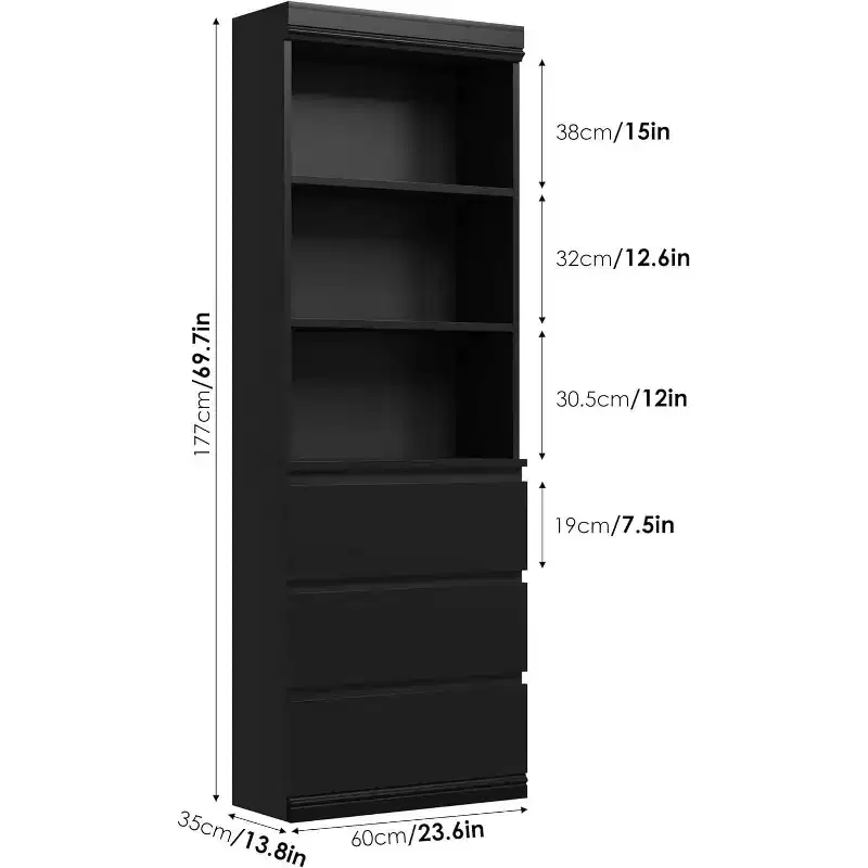COZONY 70 Tall Bookcase with 3 Drawers & 3 Open Shelves - Modern Wooden Storage Cabinet for Living Room, Office