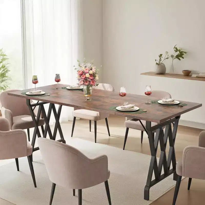 Farmhouse Dining Table with Metal Base, Rustic Wood Top for Dining Room, Restaurant & Cafe