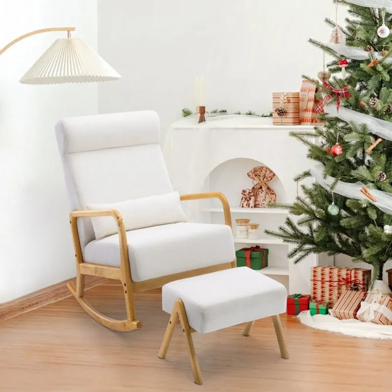 25.2 Wide Reclining Rocker Chair with Ottoman - High Back Rocking Chair, Soft Linen Fabric, Ergonomic Design