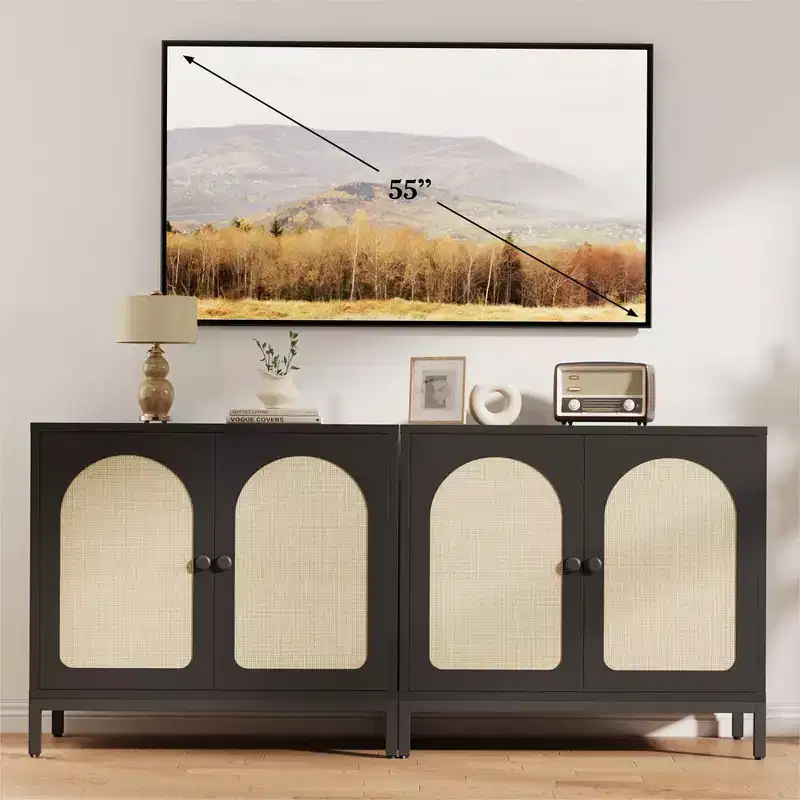 Buffet Cabinet with Storage, Rattan Storage Cabinet with Doors, Adjustable Shelf for Living Room, Hallway