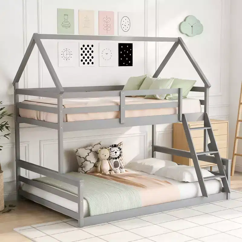 Twin over Full House Bunk Bed with Ladder, Detachable into 2 Beds