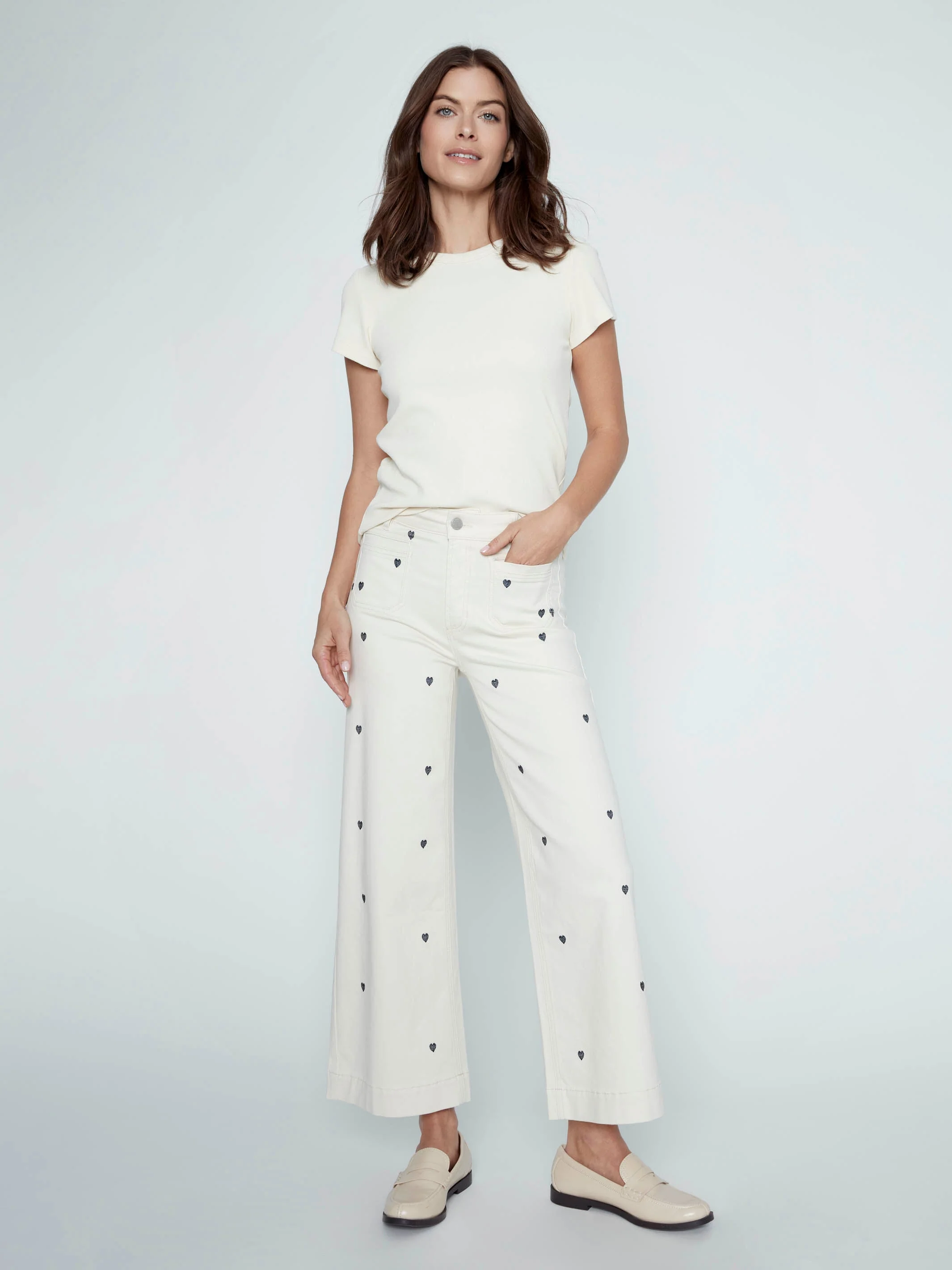 Embroidered Cropped Patch Pocket Flare Twill Pants - Natural