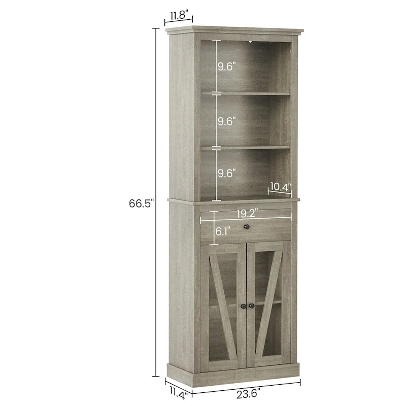 Tall Slim Storage Cabinet with 5 Shelves & Drawer – Grey, MDF, Anti-Tip, 66.5