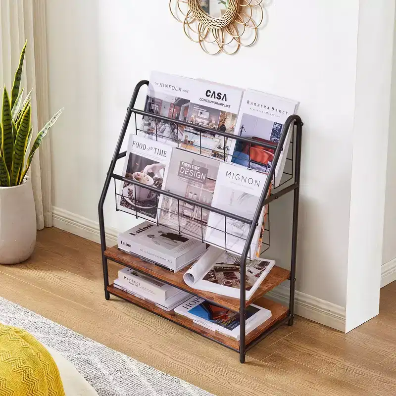 2-Tier Metal Frame Freestanding Bookshelf & Magazine Rack for Small Spaces