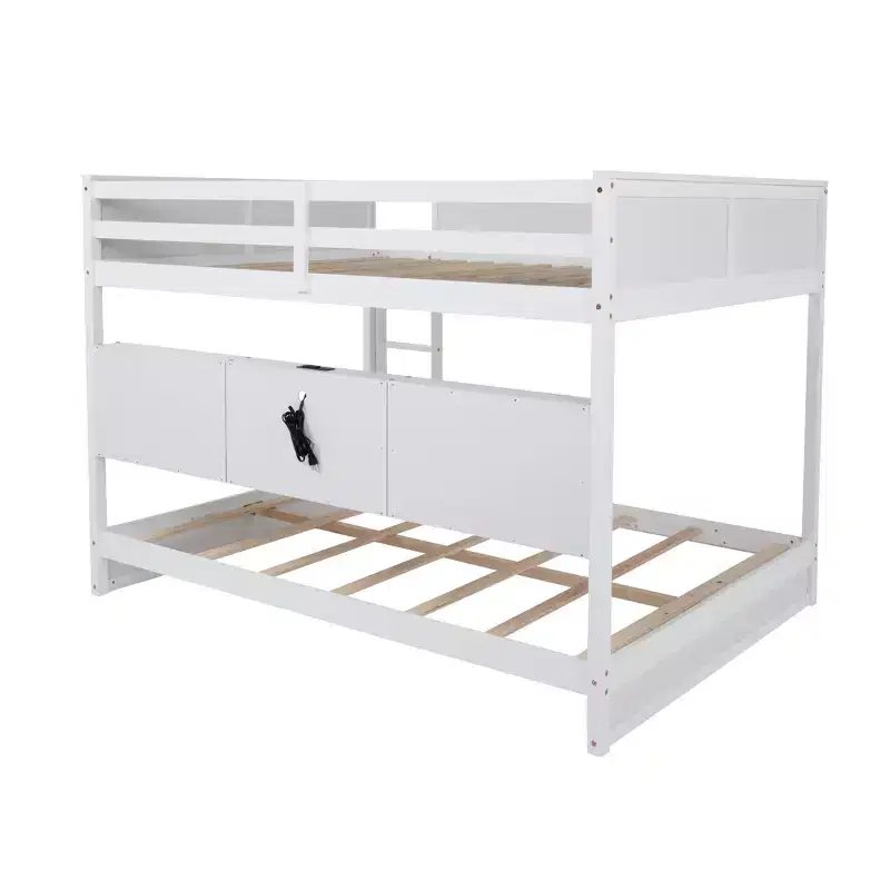 Luxystar Queen Over Queen Wood Bunk Bed with Built-in Storage Cabinets,Charging Station,Ladder and Safety Guardrails