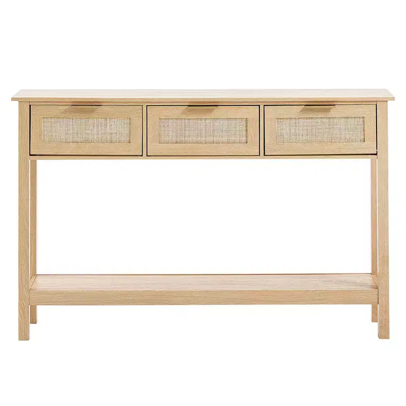 GDFStudio Leonid Modern Wood and Rattan Console Table with 3 Drawers
