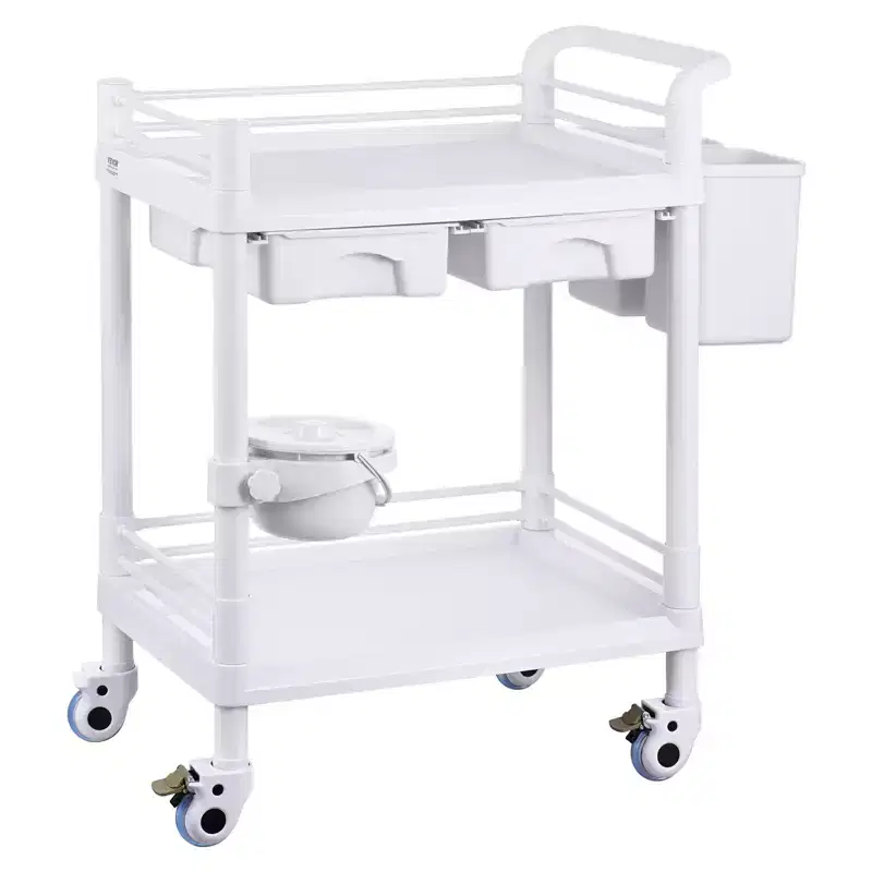 2 Tiers Lab Carts, Lab Utility Cart with 2 Trays, 2 Drawers & 4 Silent Wheels, Mobile Medical Cart with PP Material, Lab Rolling Cart