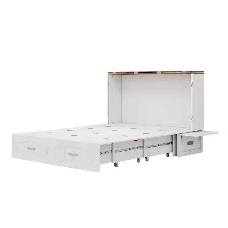 Keloyid White MDF Frame Queen Murphy Bed Cabinet with Charging Station and Storage Drawer