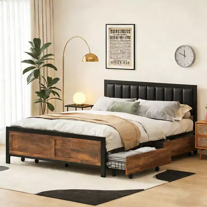 Dyonery Bed Frame with Upholstered Headboard,Metal Bed Frame with Footboard,Noise-Free,No Box Spring Needed,Easy Assembly