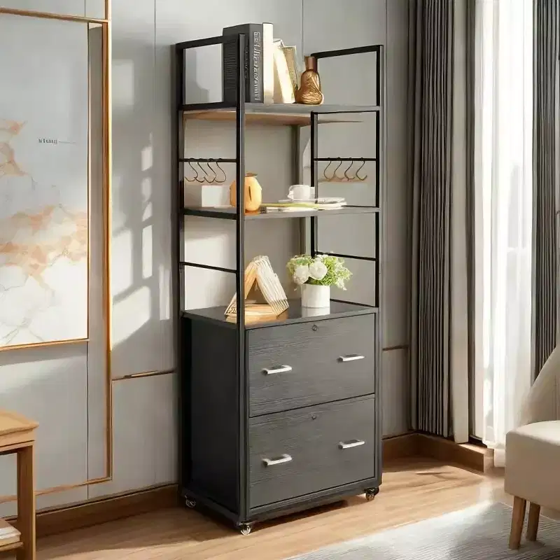 Tall 2 Drawer Locking File Cabinet with Shelves for Home Office, Black