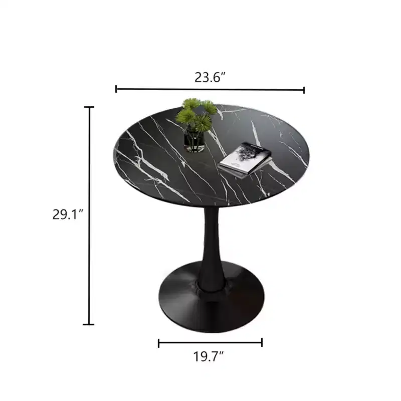 Round Dining Table End Table Modern Kitchen Table MDF Top Steel Base for Living Room Office Marble Black 23.6*19.7*29.1