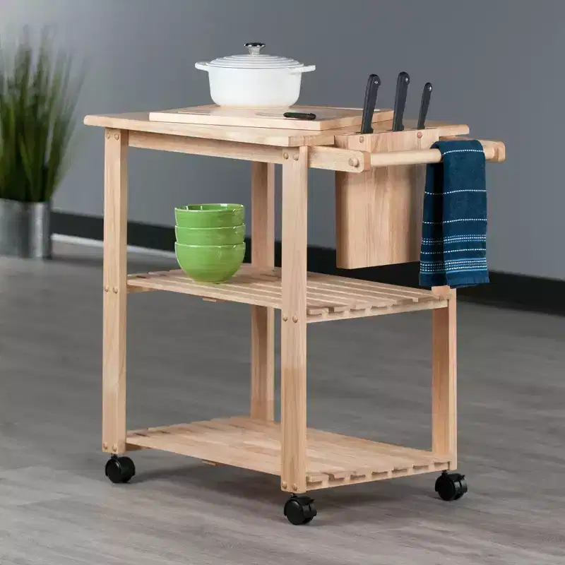Utility Cart with Cutting Board Wood/Natural: Farmhouse Style, Hardwood Frame, 2 Shelves