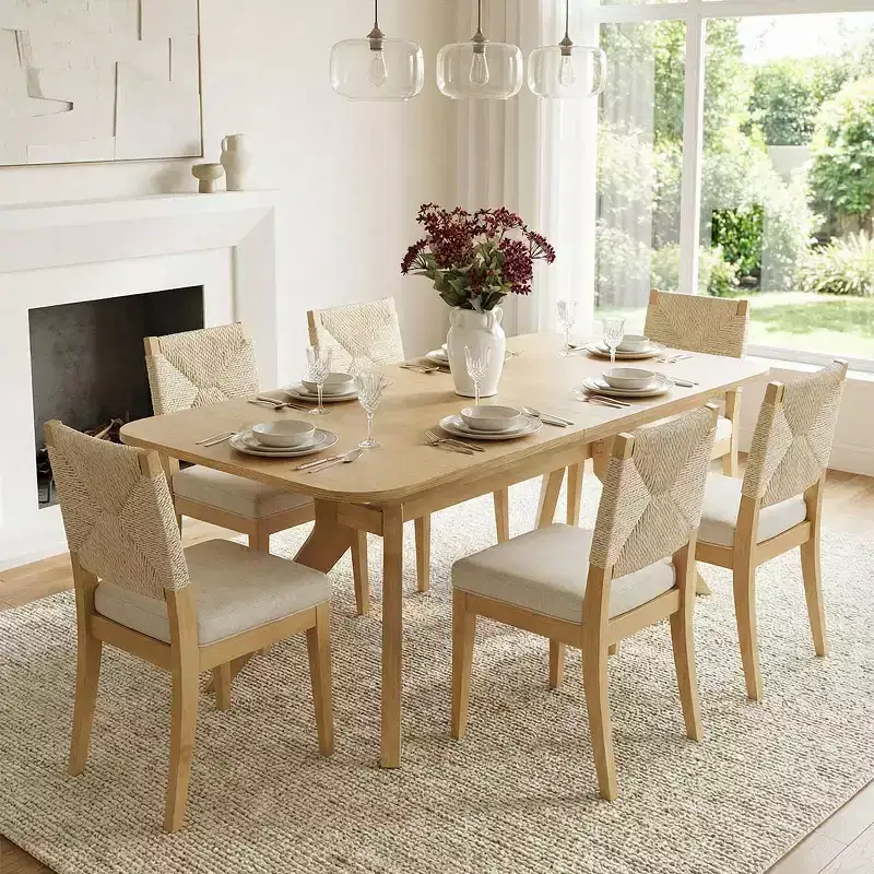 Expandable Dining Table Set for 6/8, Japandi Dining Room Furniture, Rope Back Chairs with Beige Upholstered Seats-Panipeachy