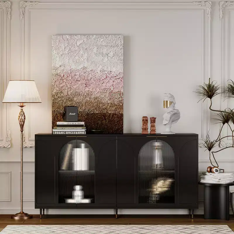 Storage Cabinet with 4 Fluted Glass Doors and Adjustable Shelves