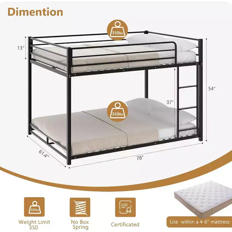 Metal Bunk Bed Full Over Full, Twin Size Bed Frame for Boys Girls, Junior, Low Profile Bunk, Space Saving Design, Mattress Not Included (Black)