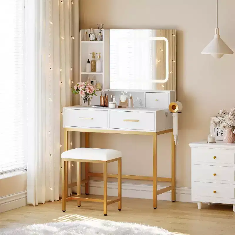 Makeup Vanity Desk with Mirror and Lights 3 Colors, Dressing Table with Chair, Makeup Table Set with 4 Drawers, Power Outlet & Storage Shelves