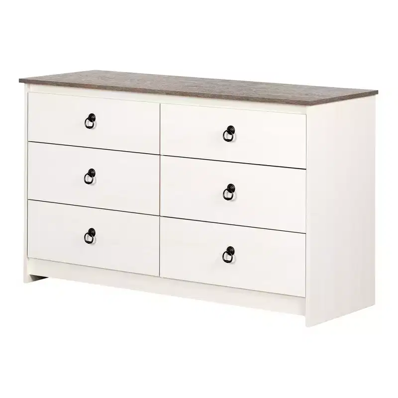 South Shore Plenny 6 Drawer Double Dresser: White Wash/Weathered Oak, Anti-Tip Hardware, Laminated Finish, 52" Width