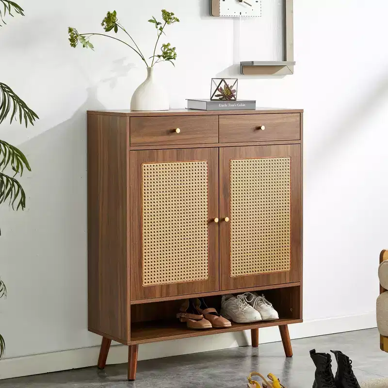 Mid-Century Wood-Colored Rattan Design Shoe Cabinet Sideboard with Doors & Drawers, Freestanding Shoe Rack for Foyer, Entrances
