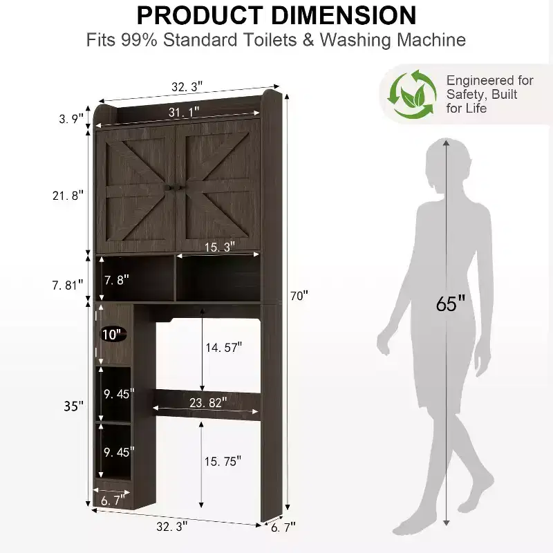 Over The Toilet Storage Cabinet, Farmhouse Bathroom Space-Saving Organizer with Toilet Paper Holder & Adjustable Shelf