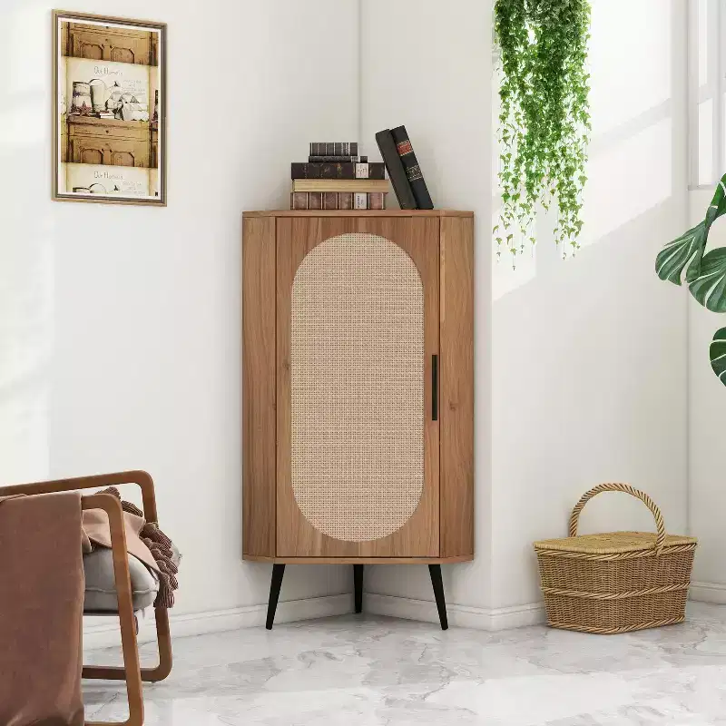 MAYEERTY Walnut Corner Cabinet with Rattan-Door, Freestanding Storage for Living Room Small Spaces