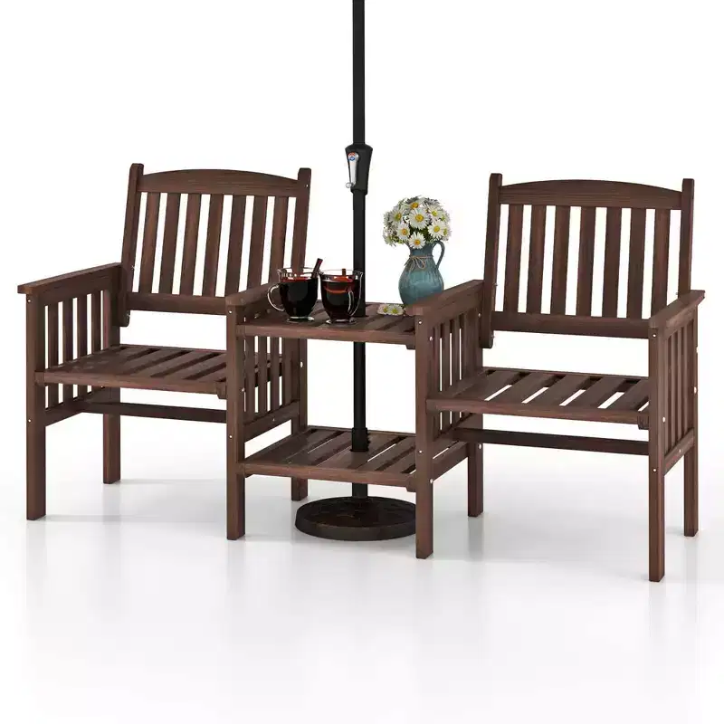 Costway Outdoor Fir Wood Loveseat with 2-Tier Side Table and 1.96 Umbrella Hole Brown/White